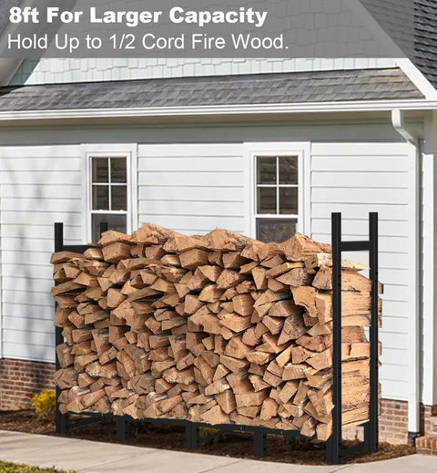 Beefy Heavy Duty Firewood Rack Eight Foot Outdoor Storage Stand For Indoor Fireplace Wood Holder against wall