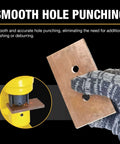 Close-up of CH70 35T Hydraulic Hole Punch Tool With Four Dies, showing smooth punched holes in copper bar