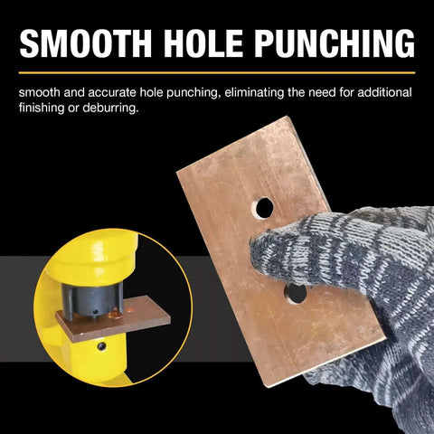 Close-up of CH70 35T Hydraulic Hole Punch Tool With Four Dies, showing smooth punched holes in copper bar