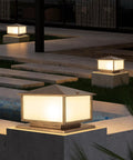 Heavy Duty Outdoor Post Lights With Hardwired E26 Socket And 3000K Warm White Bulbs For Porch Gate Columns Cast Aluminum Fixtures illuminating a pathway.