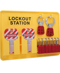 Wall Mounted Lockout Tagout Station Kit For The Shop Floor DeformationProof Heavy Duty PC Safety Supply Bright Yellow Boss Level Safety Visibility Open Design 15.2 X 11.4 Inch Enhanced Security For Energy Control Programs, yellow PC station with padlocks and tags
