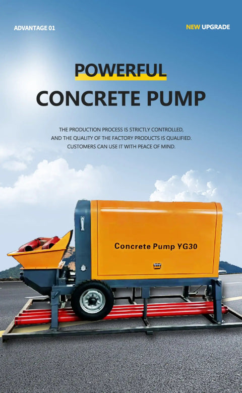 Field Ready Mini Concrete Pump Machine With Portable Hydraulic Setup And Plug And Play Vibrating Screen Filter For No Headache High Pressure Grouting On Any Real Deal Build Site, side view of yellow concrete pump YG30 on site.