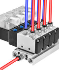 4V210-08 AC220V Pneumatic Solenoid Valve 5 Way 2 Position PT1/4 with Base Muffler and Quick Fittings, side view