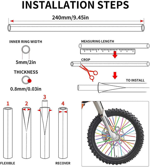 Installation steps for 72 Piece Spoke Skins Kit For Dirt Bikes And Motocross Pit Bikes Spoke Wrap Trim Decoration Protection Lightweight ABS Plastic Heat Resistant And Fade Resistant 11 Mixed Colors.