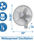 Commercial Grade 18 Inch Oscillating Wall Mount Fan With 3 Speed 120V Heavy Duty Metal Grill and Plastic Rear Illustrated Measurements