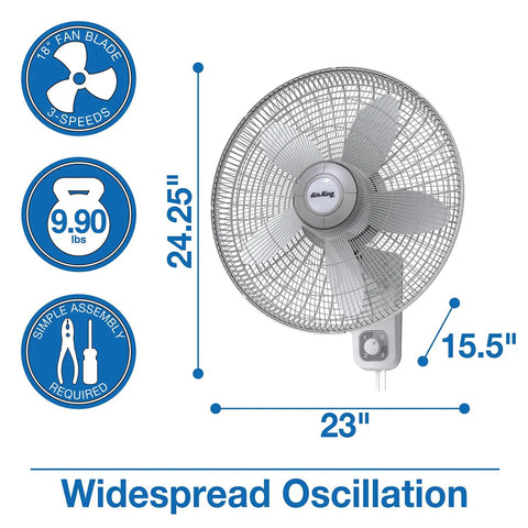Commercial Grade 18 Inch Oscillating Wall Mount Fan With 3 Speed 120V Heavy Duty Metal Grill and Plastic Rear Illustrated Measurements