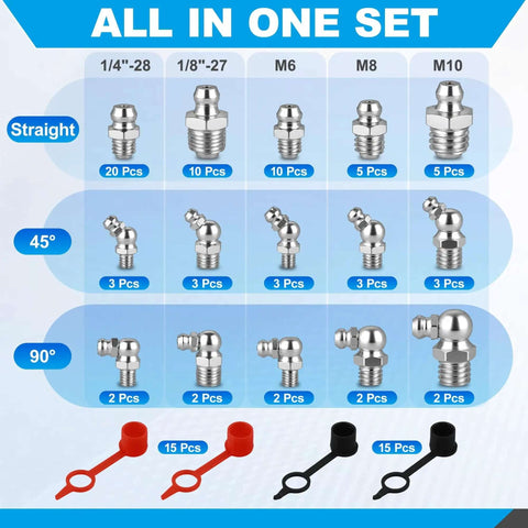 Grab This 105PC Grease Fittings Kit With Metric And Sae Zerks For All Your Daily Maintenance Chores It Includes M6 M8 M10 And Threads To Keep Your Gear Lubed And Running Smooth Like New Without Any Hiccups. 105-piece zinc-plated grease zerk assortment, straight 45° 90° fittings