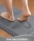 Feet standing on Ultra Comfy Anti Fatigue Kitchen Mat 0.75 Inch Thick 20x39 Inches Cushioned Standing Pad Waterproof Non Slip Grey Floor Mat