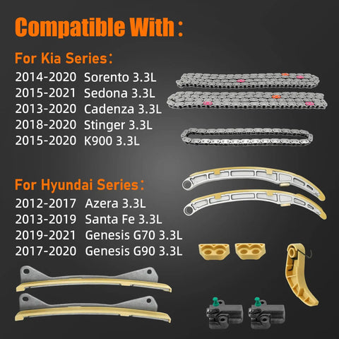Kia 3.3 Timing Chain Kit For Sorento Sedona Cadenza K900 And Hyundai Azera Santa Fe Genesis G70 G90 3.3L 2013-2020 layout