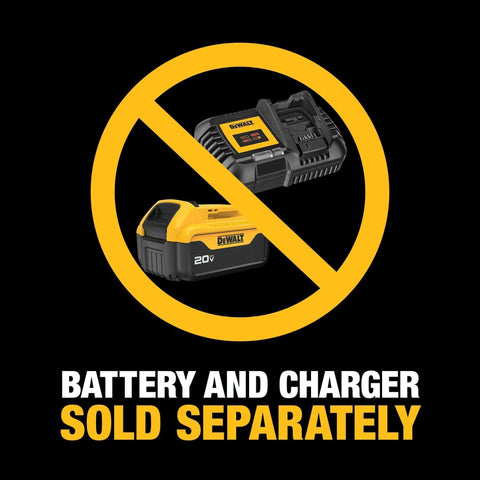 Front view of DeWalt 20V battery and charger; two items shown, sold separately sign on black background.
