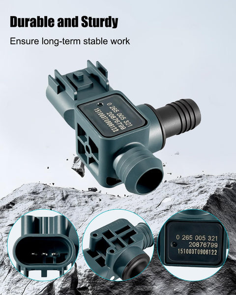 Front angled view of a green 3-pin power brake booster sensor with hose port and connector.