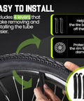 Demonstration of 4 tire levers with 20x4.0 inner tube for easy installation, part of Heavy Duty Fat Tire Inner Tube 20x4.0 For E Bikes And Mountain Bikes With Schrader Valve 32mm, 20 Inch Tire Fits 3.5 To 4.0 Wide, 2 Pack Built Tough For Rough Trails And Daily Commutes.