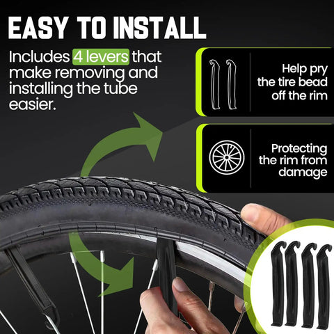Demonstration of 4 tire levers with 20x4.0 inner tube for easy installation, part of Heavy Duty Fat Tire Inner Tube 20x4.0 For E Bikes And Mountain Bikes With Schrader Valve 32mm, 20 Inch Tire Fits 3.5 To 4.0 Wide, 2 Pack Built Tough For Rough Trails And Daily Commutes.
