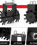 Close-up of 32 Inch Tow Behind Disc Plow Harrow for ATV UTV with universal 2-inch hitch, heavy-duty steel construction