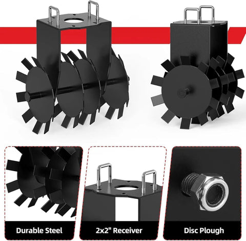 Close-up of 32 Inch Tow Behind Disc Plow Harrow for ATV UTV with universal 2-inch hitch, heavy-duty steel construction