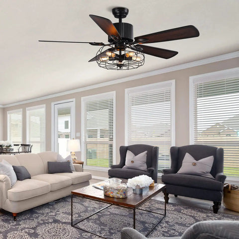 Living room with Dope 52 Inch Farmhouse Ceiling Fan With Light And Remote Black Rustic Industrial Ceiling Fan With Caged Light