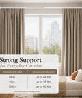 Heavy Duty No Drill Curtain Rod Tension Rod For Windows 66 To 120 Inches White Indoor Outdoor Use, installed over beige curtains.