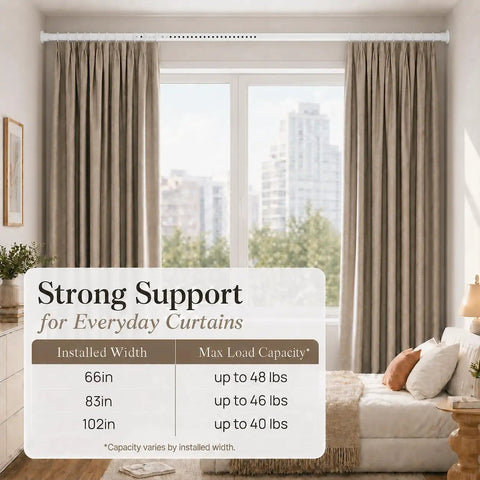 Heavy Duty No Drill Curtain Rod Tension Rod For Windows 66 To 120 Inches White Indoor Outdoor Use, installed over beige curtains.