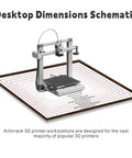 Desktop dimensions schematic showing size range for Artinrack 3D printer stand with illustration of a 3D printer.