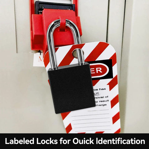 Five Pack Outdoor Aluminum Padlock Set Weatherproof Heavy Duty Locks for storage with label attached to lockout kit