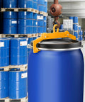 Heavy Duty Vertical Drum Clamp That Hoists 1100 Lb Steel Or Plastic Barrels With Ease For Warehouse Jobs and Industrial Moves, lifting a blue barrel.