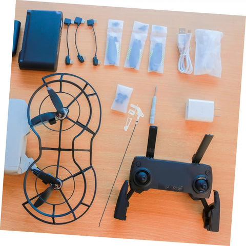 Drone components featuring control horns, connectors, propeller guards, and controller, ideal for RC model plane projects