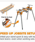 Universal Portable Miter Saw Stand 2nd Generation Pro Grade with Quick Release Tool Mount, folding design with 114-inch support.