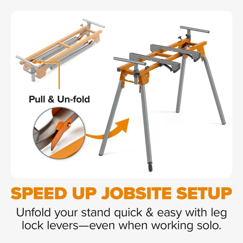 Universal Portable Miter Saw Stand 2nd Generation Pro Grade with Quick Release Tool Mount, folding design with 114-inch support.