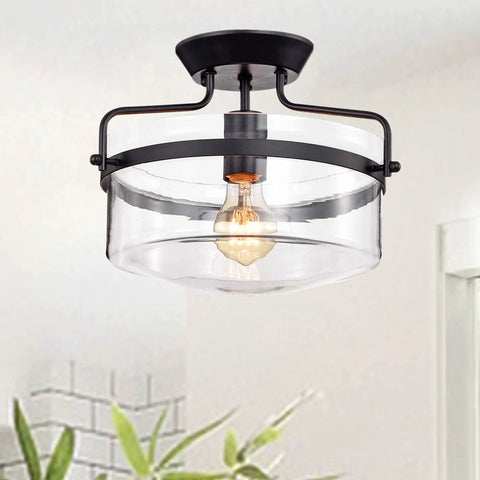 Dope Matte Black 1 Light Semi Flush Ceiling Lamp With Glass Shade Modern Flush Mount Fixture Metal Construction ETL Listed