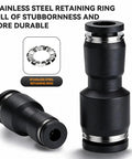 12mm To 10mm Pneumatic Push To Connect Fittings, Straight Reducer Union Coupler, Black Plastic, Stainless Steel Ring, Pack Of 5