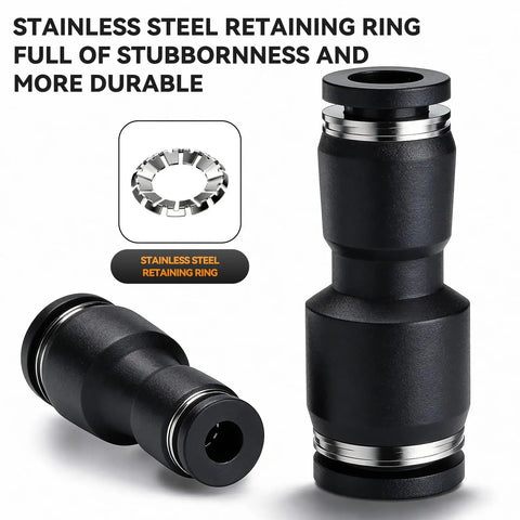 12mm To 10mm Pneumatic Push To Connect Fittings, Straight Reducer Union Coupler, Black Plastic, Stainless Steel Ring, Pack Of 5