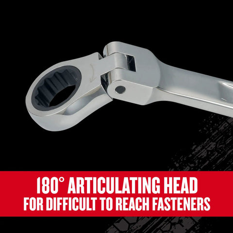 V Series Metric Ratchet Wrench Set 7 Piece With Flexible Head And 180 Degree Articulation For Tight Spaces, close-up of wrench head
