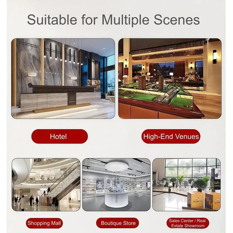Various elegant settings showcasing the use of a Solid As A Rock Steel Fire Extinguisher Cabinet With Smooth Sloped Front For Offices And Retail Stores.