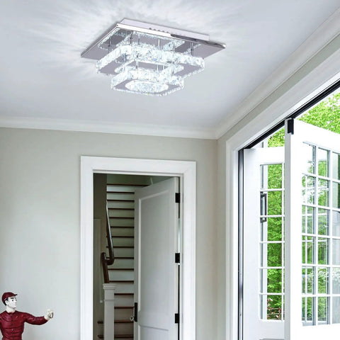 Mini Crystal Chandelier LED Ceiling Light Two Layer Flush Mount Fixture For Hallway Staircase Kitchen And Bathroom Cool White 4500K 30W 110V Non Dimmable With Powder Coated Finish
