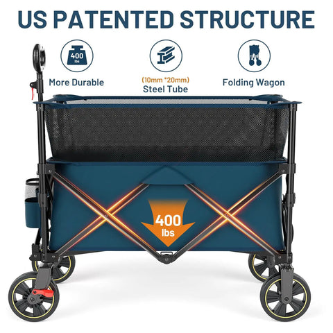 Beefy 350L Extra Large Collapsible Folding Wagon With Brake For Camping, showing side view and durable steel frame, blue color.
