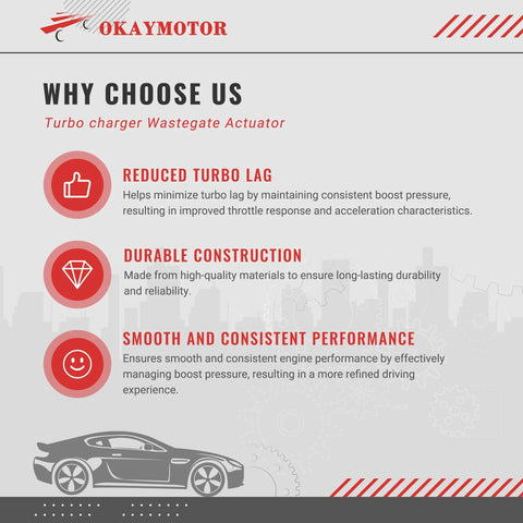 OKAYMOTOR turbocharger wastegate actuator infographic for BMW 2.0L; reduced turbo lag and smooth performance.
