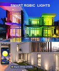 10W RGBIC Lit Color Changing Landscape Light illuminating modern house with app on smartphone, IP66 outdoor spotlight for pathways, trees, and yards.