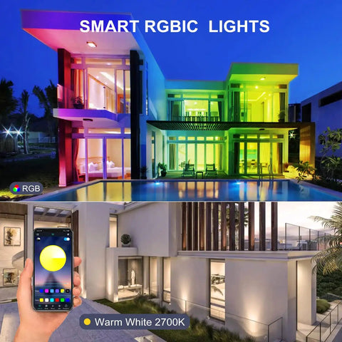 10W RGBIC Lit Color Changing Landscape Light illuminating modern house with app on smartphone, IP66 outdoor spotlight for pathways, trees, and yards.