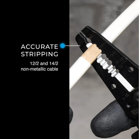 Reflex Super NM Cable Stripper for 12/2 and 14/2 solid NM wire with dual stripper heads in action, close-up view