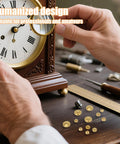 Man using 12 Piece Brass Clock Hand Nut Set with three sizes for grandfather wall and mantel clocks on a wooden table.