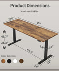 Product dimensions of Agilestic Height Adjustable Electric Standing Desk, 55x24 Inch Desktop, Rustic Brown Finish.