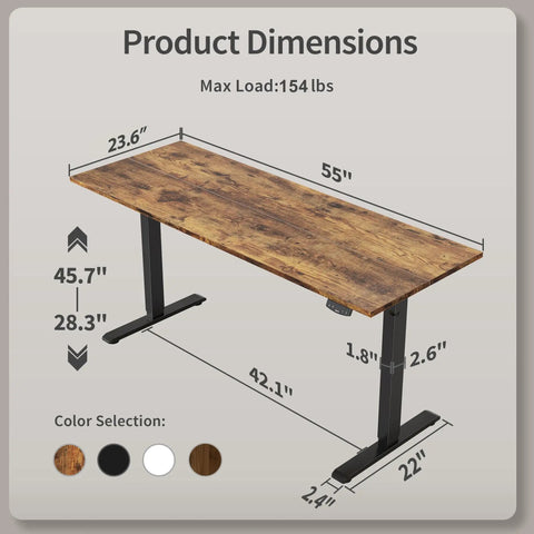 Product dimensions of Agilestic Height Adjustable Electric Standing Desk, 55x24 Inch Desktop, Rustic Brown Finish.