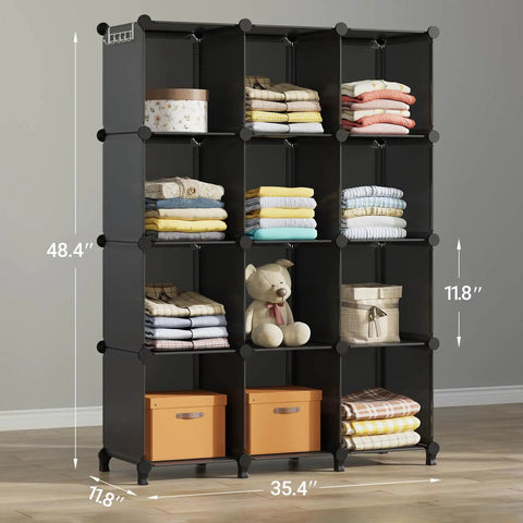 12 Cube Modular Closet Organizer With Rubber Mallet No Fuss Assembly, Portable Storage Shelves For Clothes In Bedroom, Office And Kids Room, Durable Metal Frame With ABS Connectors In Black