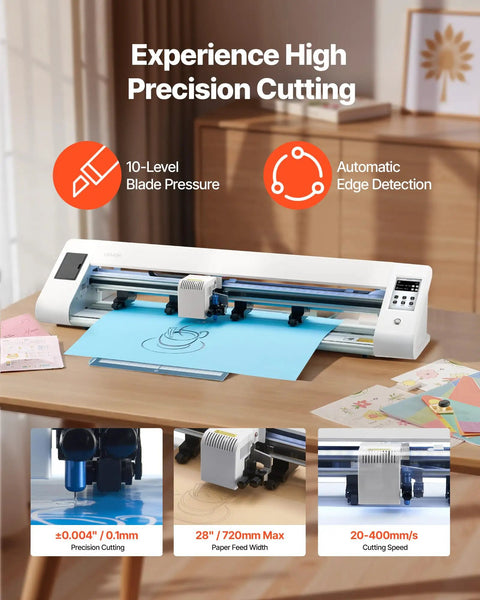 Vinyl Cutter With Automatic Edge Detection And Dual Blade System For Precise DIY Crafts, 28 Inch Paper Feed shown cutting blue paper