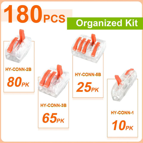 Image of 180 Piece All In One Wire Connector Kit With 2 Port 3 Port And 5 Port Levers Push In Wire Nuts For AWG 28 To 12 Reusable Transparent Quick Connectors With Voltage Test Hole Inline Splice DIY Wiring For Home Auto Lighting showing transparent connectors with red levers and labeled packaging.