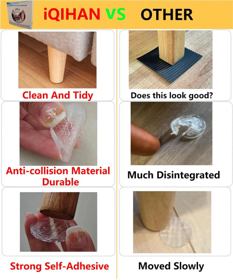 Lockdown Grip Non Slip Furniture Pads 12 Pack Clear Anti Skid Grippers For Hardwood Floors Durable Rubber Base No Nonsense Scratch Protection Stay Put comparison image showing transparent pads and an alternate product.
