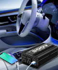 No Sweat 500 Watt Power Inverter For Cars RV Trucks Plug And Play 12Volt To 110Volt Converter on car console with phone charging.