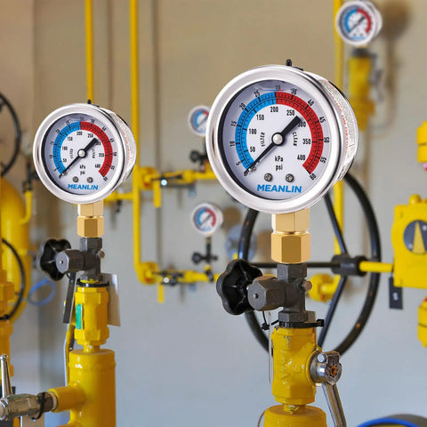 Two Pack 2 Inch Dial Pool Filter Pressure Gauge Kit With Liquid Filled Gauge, 0-60 Psi, installed on yellow valves