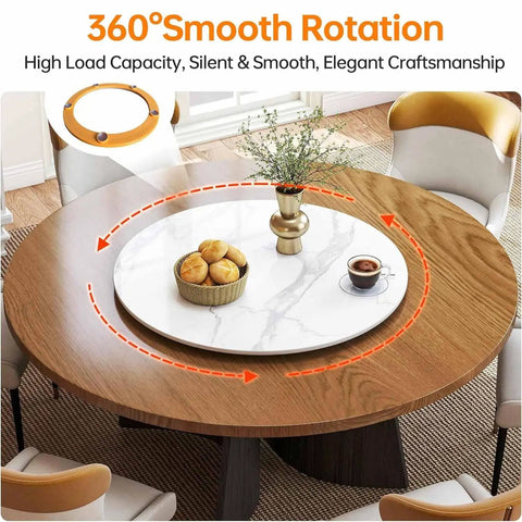 Oversized Marble Lazy Susan With 360 Degree Swivel Rotation Sintered Stone Rotating Serving Tray on modern wood dining table.
