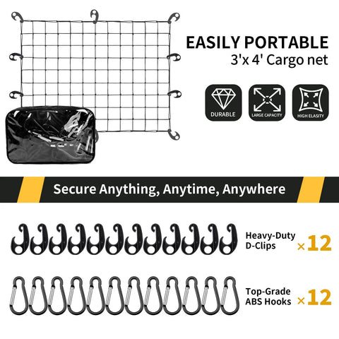 Heavy Duty Truck Bed Cargo Net For Pickup And SUV, 4 By 3 Feet Stretching To 8 By 6, 4 By 4 Inch Knotted Mesh, 12 ABS Hooks, 12 D Clips.